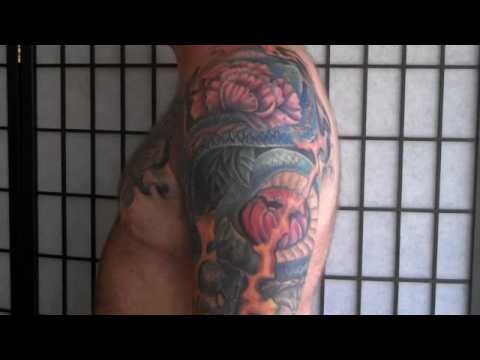 Tattooed Sleeve on James Edmonds Dragon and koi tattooed sleeve by artist