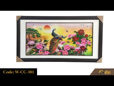Tranh treo tường pha lê tráng gương chim công hoa mẫu đơn W-CC-301