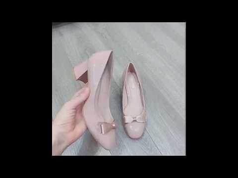 #001877C Giày A-collection gót trụ mũi vuông, gắn nơ, da bóng, cao 5p, màu HỒNG