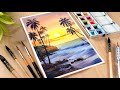Easy Watercolor painting for beginners sunset beach and evening landscape