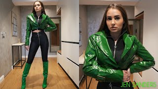 Extra Shiny Black Spandex With Zippers Shiny Green Pvc Under Knee Stiletto Boots And Crop Jacket