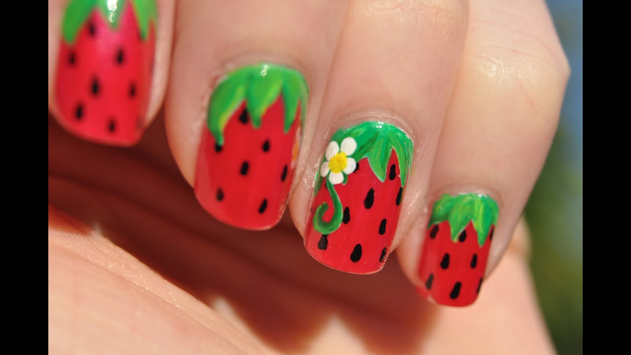 Sweet Summer Strawberries Nail Art - YouTube