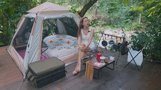 Solo Camping In Stream With Heavy Rain - Full Asmr Cooking, Bathing Alone In Wilderness