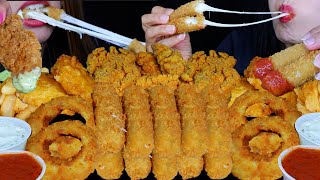 Asmr Fried Food Feast Cheesy Mozzarella Sticks, Fried Chicken, Crunchy Onion Rings, Fries, Fish