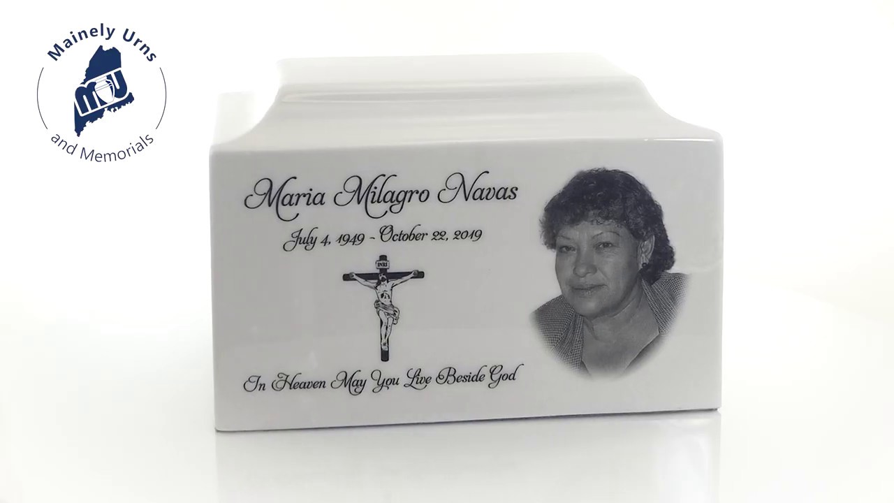 White Marble Standard Cremation Urn Vault with Engraved Photo