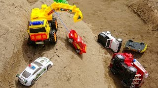 Fire Truck, Backhoe and Police Car Toys Rescue Disney Car On The Crash | Cars and Toys