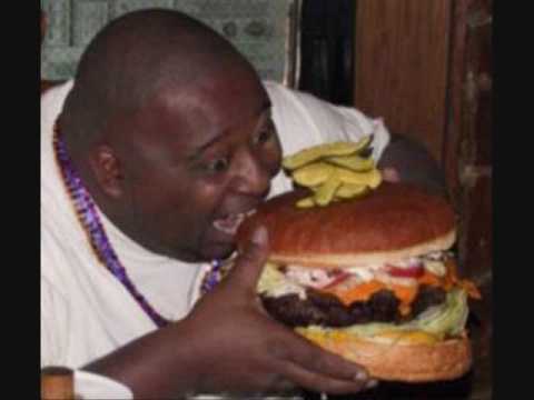 fat man eating burger. Cheeseburger Man and Sasquatch