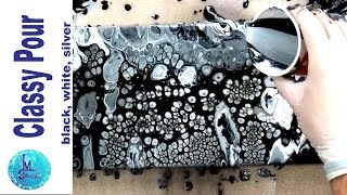 Long Canvas Black, White And Silver Acrylic Pour With Silicone And Cells. Stretched Canvas