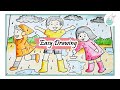 How to draw kids enjoying Rainy season easy scenary drawing tutorial for kids