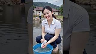 Beautiful Rural Girl Washing Clothes In Village River
