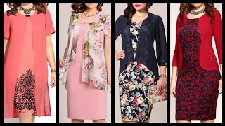 print and plain chiffon double fril jackets style bodycon sheath dress for formal business parties
