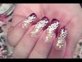 FRIDAY!!!! NAIL ART DESIGN RED FRENCH TIP & GOLD GLITTER WHITE FLOWER