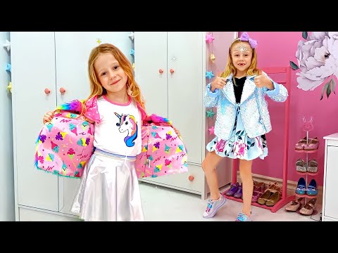 Nastya mặc chiếc váy mới cho bữa tiệc và sử dụng nước hoa công chúa Disney