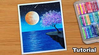 Oil Pastel Drawing - Moonlight Night Scenery -Step By Step