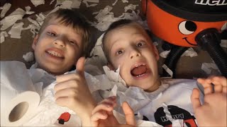 Henry Hoover Kids Make FAKE SNOW MESS Indoors! ~ Vacuum Cleaner HENRY Helps to Vacuum Up ~ Fun Video