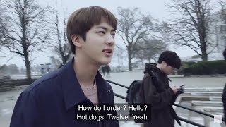 Jin buying hotdogs for members and staff in English | BTS Chicago