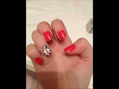 This is an easy nail design. What you need is a base coat, red,white and