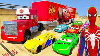 Spiderman Mcqueen And Friends Long Jump Challenge Superhero Hulk Mack Truck Disney Castle - Gta V