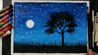 Kolay Pastel Boya Çalışması - Gece Manzarası - Oil Pastel Night Drawing
