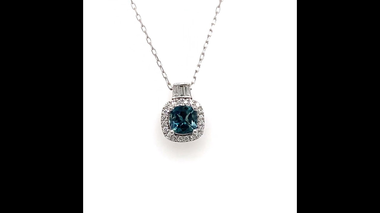 Montana Sapphire Cushion Cut & Diamond Baguette Pendant 10K White Gold Montana Sapphire Cushion Cut & Diamond Baguette Pendant 10K White Gold