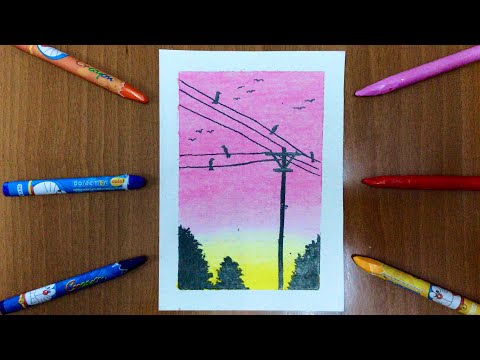 Cách vẽ tranh phong cảnh hoàng hôn galaxy bằng MÀU SÁP DẦU | how to draw simple scenery