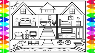 How To Draw A House With A Swimming Pool House With A Pool Drawing And Coloring Page