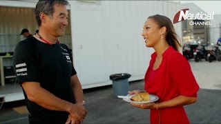 Dean Barker, Kazuhiko Sofuku & Chris Draper from Softbank Team Japan try Cassava Pie