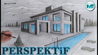 PERSPEKTİF ÇİZİMİ - 2 İKİ KAÇIŞ NOKTALI PERSPEKTİF HAVUZLU VİLLA ÇİZİMİ - KARAKA