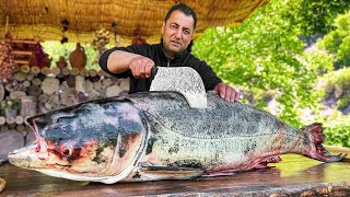 Chef Tavakkul Cooks A Huge 15 Kg Silver Carp Fish With Crispy Crust On A Bonfire In The Wilderness