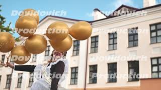 Happy Russian Schoolgirl With Balloons On Graduation Day.