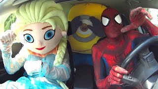 Dancing car ride with Superheroes searching kakoa surprise Spider girl!