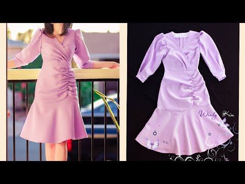 092- Cắt may áo đầm nữ : ĐẦM CỔ TIM ĐẮP CHÉO XẾP LY I CHÂN VÁY ĐUÔI CÁ RÚT NHÚN I TAY PHỒNG XẾP LY
