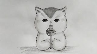 How To Draw A Cute Cat Licking Candy Pencil Drawing Step By Step Easy Pencil Drawing Tutorial