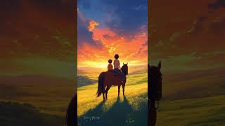 Mother And Son Horse Ride At Sunset.
