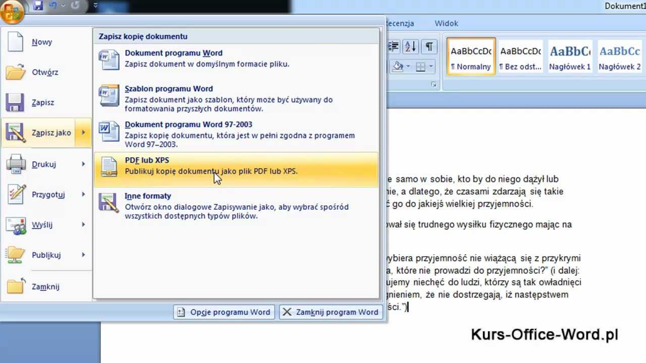 Office Word 2007 Jak zapisać dokument jako plik PDF YouTube