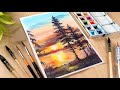 Easy Watercolor painting for beginners sunset evening valley lake landscape