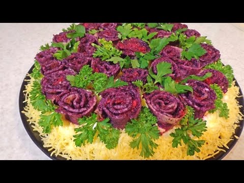 Салат "Букет из роз". С мясом курицы, грибами, морковью по-корейски . Салат "Букет из роз". С мясом курицы, грибами, морковью по-корейски .
