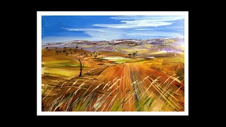 Learn to Paint Large Acrylic Landscape using a Wide Brush, Super Easy. "Distant Hills, Close Grass"