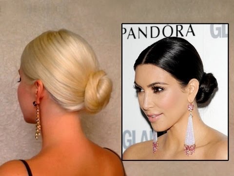 Kim Kardashian bun hair tutorail elegant wedding updo hairstyle for long 