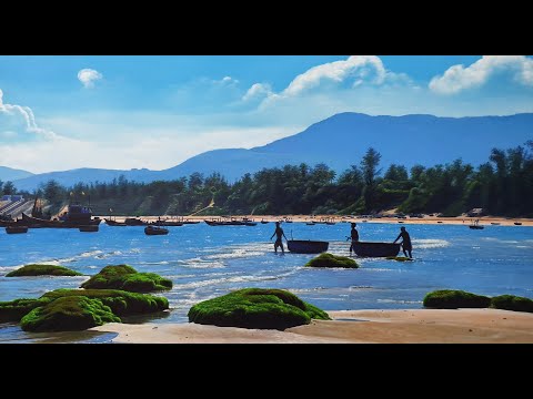 Tranh sơn dầu phong cảnh biển đẹp vẽ cảnh biển ở quê của khách.