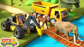 Railroad Crossing Construction-Dump Truck, Bulldozer And Excavator Truck For Kids