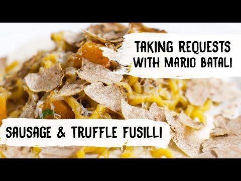 VIDEO : mario batali cooks pasta with sausage, butternut squash and truffles - mariocooks a deliciousmariocooks a deliciouspastadish with sausage, butternut squash and white truffles, based on ingredients suggested by rhonda ...
