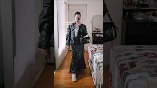 Fall Outfits Leather Jacket Polka Dot Skirt