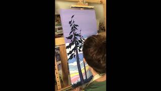 Time-lapse painting of snowy trees at sunset