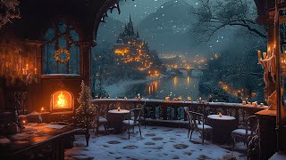 Cozy Fireplace Winter Cafe Ambience With Castle View, Snowfall & Dark Academia Music For Nostalgic