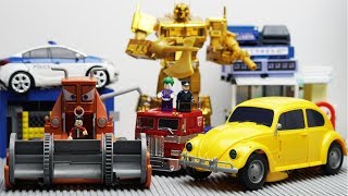 Transformers Bumblebee vs Disney Cars Frank Color Robot Truck Lego Bank Robbery & Police Car for kid