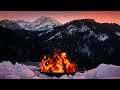 Live - Scenic Winter Sunset Campfire with Snowy Mountain Views and Crackling Sounds