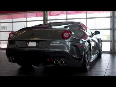 Details of a grey Ferrari 599 GTO with a red stripe at the Ferrari of 