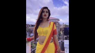 Hot Girls Beautiful Pierced Navel Show In Yellow Saree