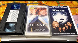 Vhs Tapes: Titanic, Scream. Cinema On Vhs With Actors: Leonardo Dicaprio, Anna Faris, Rob Schneider